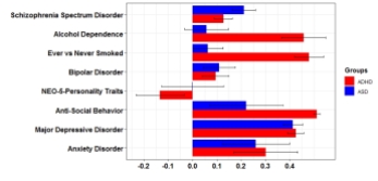 Figure 2B: Genetic correlations (rg) calculated from genome wide association studies. Genetic correlations are also high with both disorders, with especially high correlations between ADHD and alcohol dependence, smoking behavior and anti-social behavoiur. Major depressive disorder has high genetic correlations with both ADHD and autism. Figure from Solberg et al. 2019, CC-BY-NC-ND.